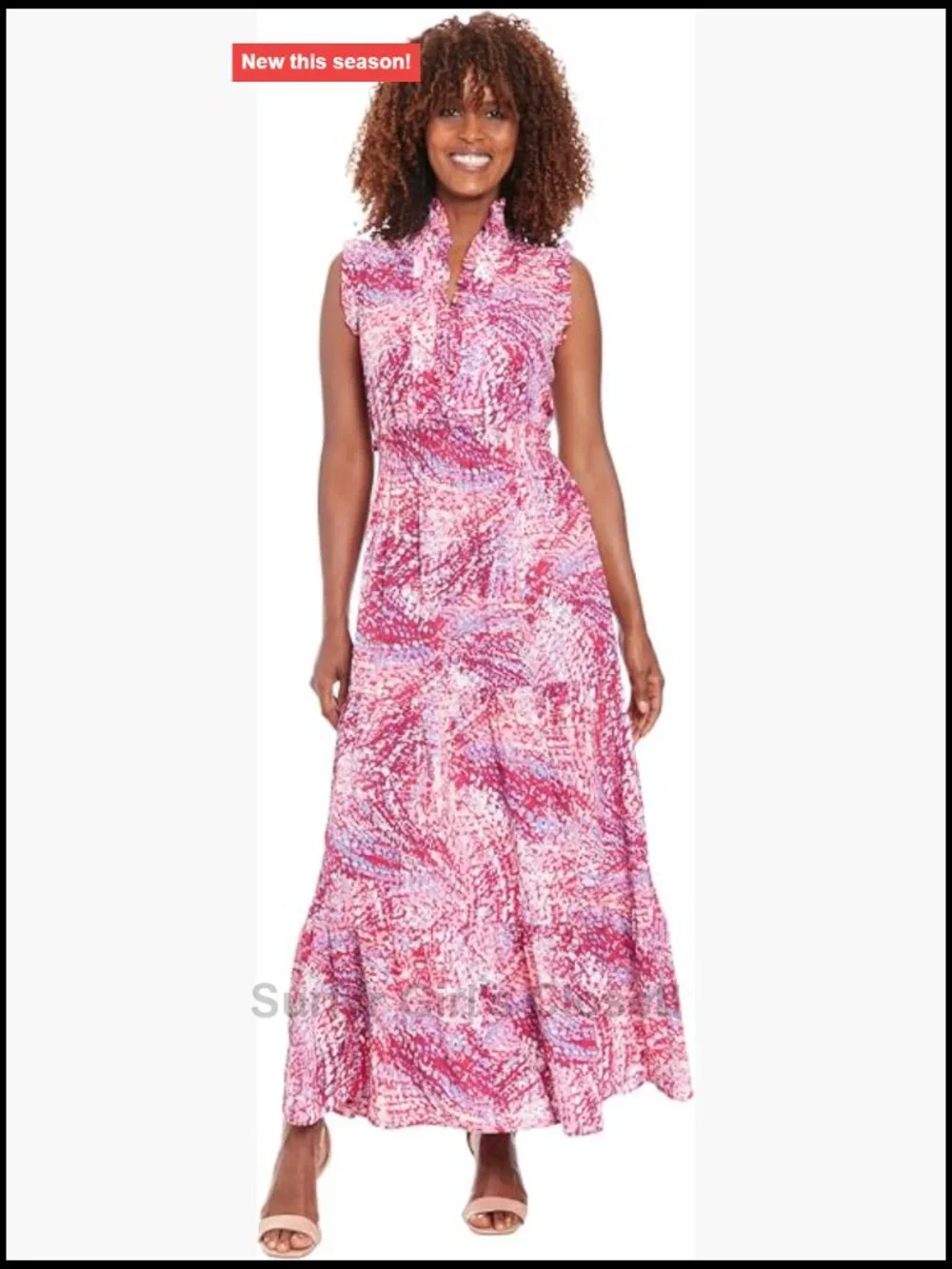 London Times Smocked Waist Boho Ruffle Maxi Dress Sleeveless A-Line